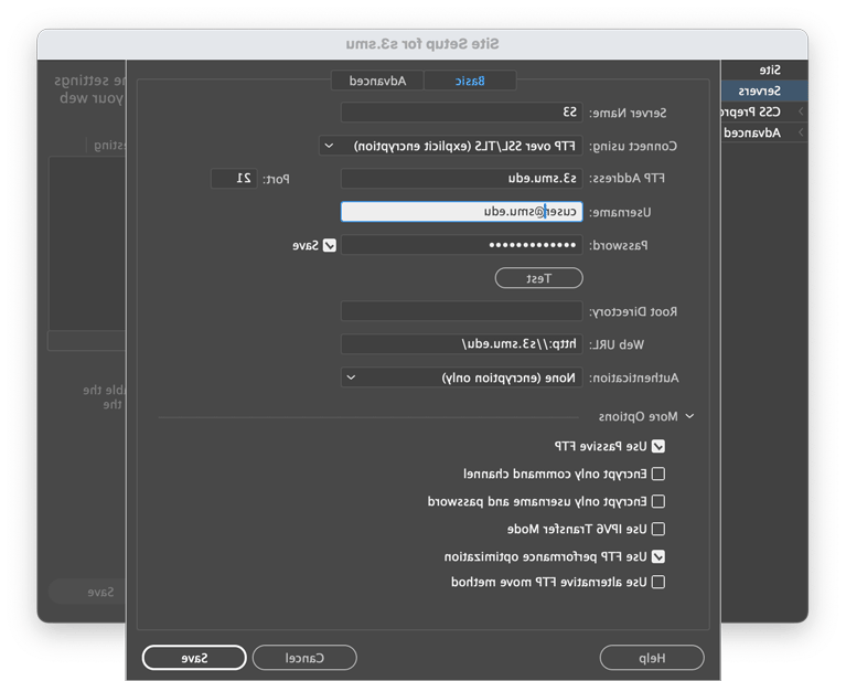 screenshot of the Dreamweaver's settings with the settings listed above inputted. 